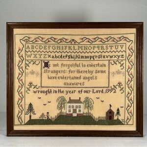 VTG Framed Cross Stitch Hebrews 13:2 Bible Verse Entertain Strangers 1992
